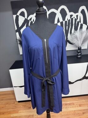Express Blue Dress XL Black Trim Belted Women's Classic Workwear Elegant